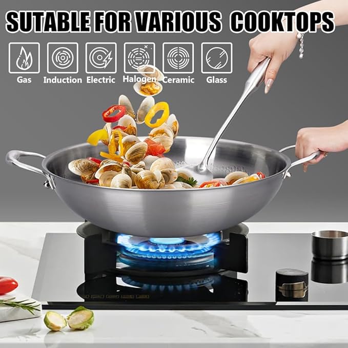 14 Inch Titanium Hammered Wok with Double Handles, Frying Pans Nonstick, Non-Stick Wok, Scratch-Resistant Non Stick Titanium Pans for Cooking,No lid