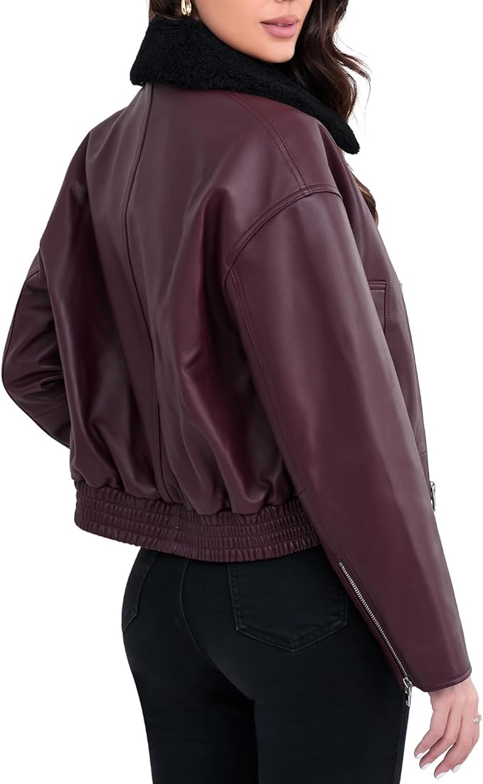 SILVER FASHIONS Leather Jacket Women,Cropped Lambskin Bomber Jacket,Removable Sherpa Collar, Zip Front, Elasticized Hem