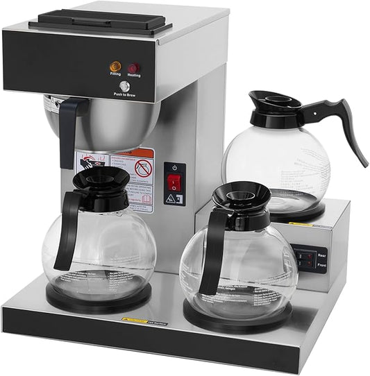 SYBO 12-Cup Commercial Coffee Maker, Pour Over Drip Coffee Maker Brewer with 3 Lower Warmers and 3 Glass Decanters, Stainless Steel Cafetera