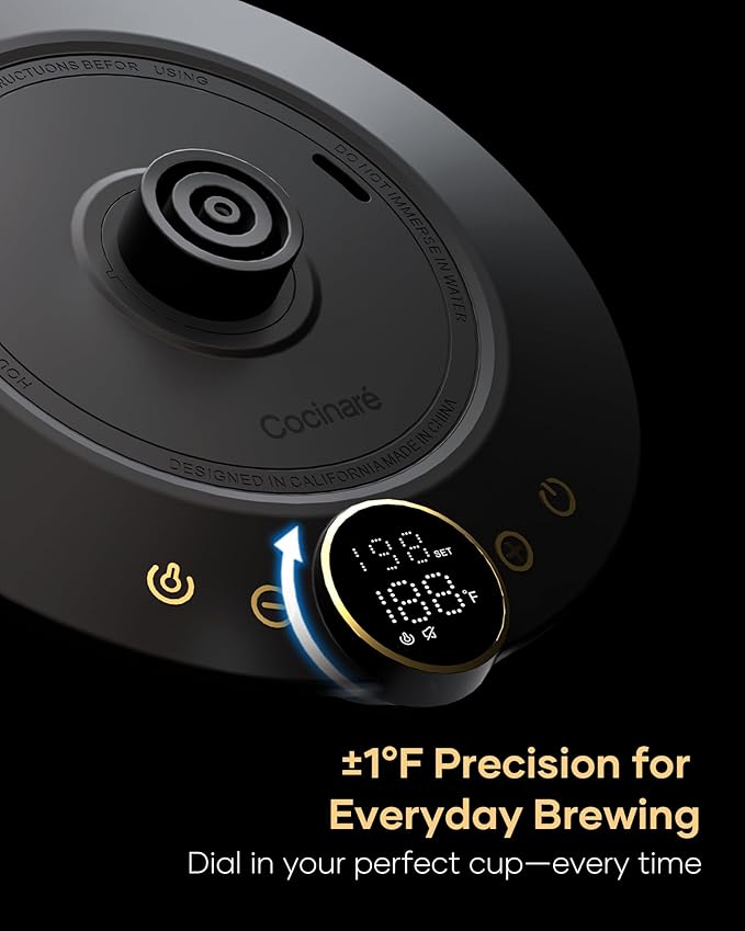 Cocinare FLOW B9 Gooseneck Electric Kettle, Precise Temperature Control for Pour-Over Coffee & Tea Brewing, Stainless Steel Interior, Rapid Heating for Boiling Water 0.9L (Soulages Black)