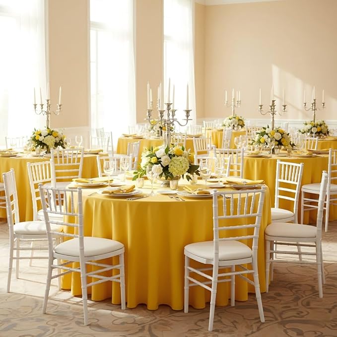 sancua Round Tablecloth - 120 Inch - Water Resistant Spill Proof Washable Polyester Table Cloth Decorative Fabric Table Cover for Dining Tables, Buffet Parties and Camping, Yellow