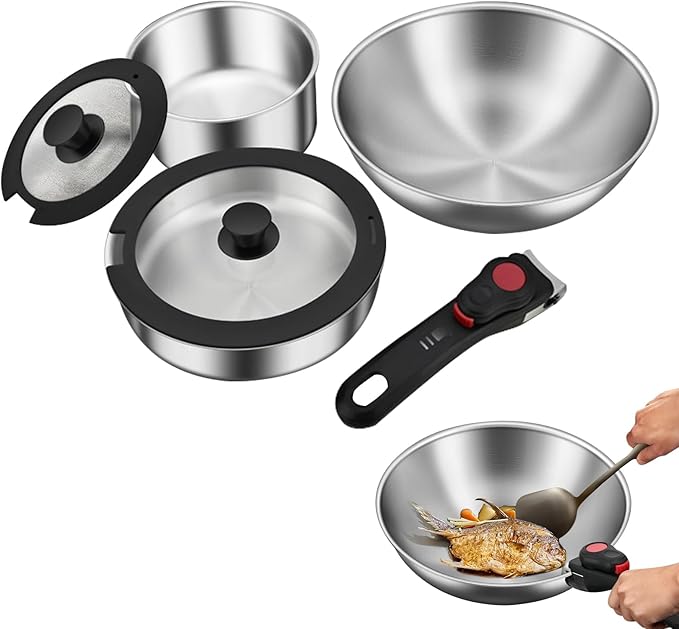 Stainless Steel Cookware Set, 6pcs Wok Pots and Pans Set Non Stick with Detachable Handle, Induction Cookware Set Kitchen Cooking Sets, RV/Camping Cookware, Dishwasher & Oven Safe,6pcs