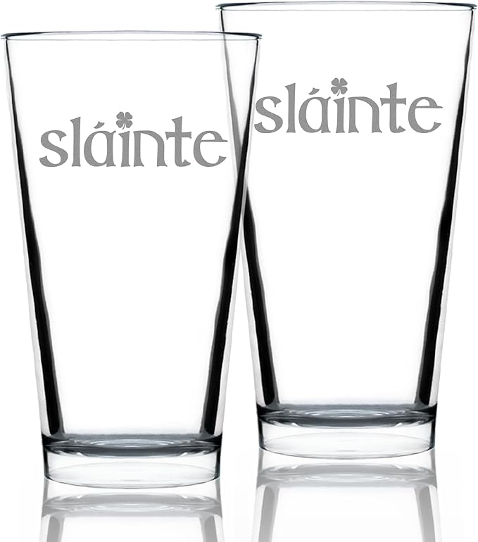 Bevvee Slainte Irish Cheers - Pint Glasses - Set of 2 - Fun St Patricks Day Party Decor or Gifts - 16 Ounce