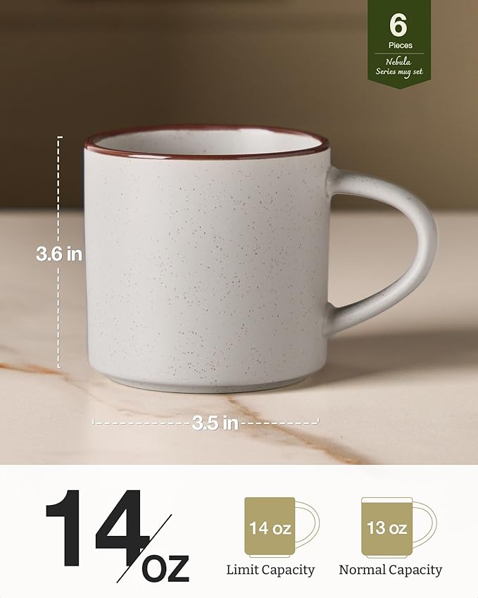 famiware Coffee Mugs Set of 6, Nebula 14oz Coffee Mugs, Ceramic Cup Set with Handle for Latte, Tea, Milk, Cappuccino, Cocoa, Light Gray