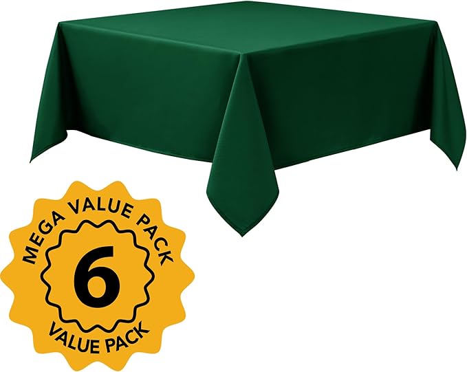 6-Pack Hunter Green Tablecloths for Square Tables, 54 x 54 Inches, Stain-Resistant Polyester Fabric for 2 Foot Tables - Washable Table Covers for Weddings, Banquets, Birthday Parties, Events