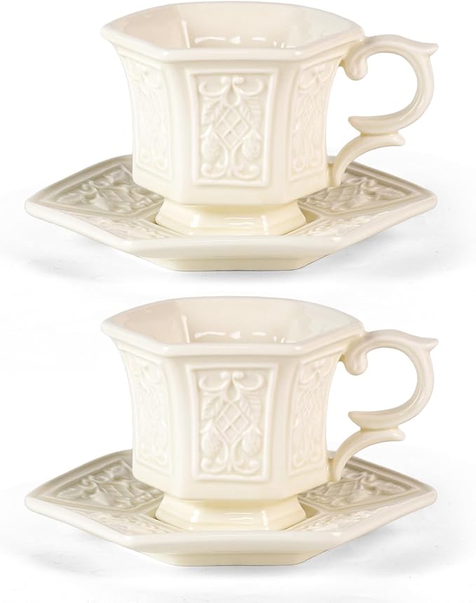 KAMMAK Tea Cups and Saucers Set of 2, Porcelain Coffee Cups, 6-Ounce Stackable Espresso Mugs, Ceramic Demitasse for Coffee, Latte, Americano, Tea, Retro Cream