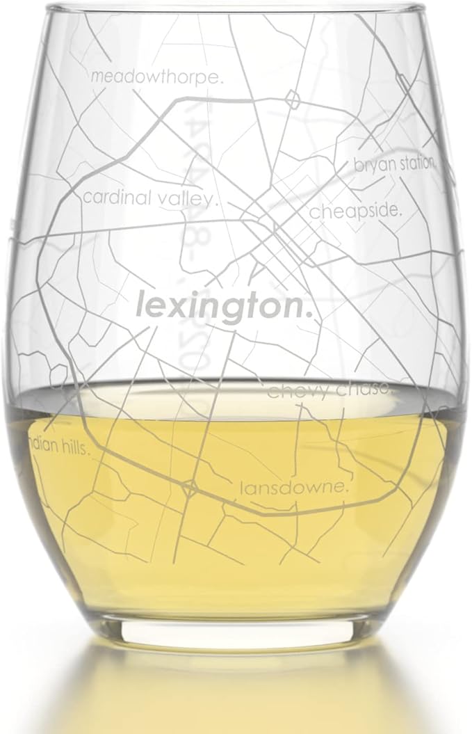 Well Told Engraved Lexington Kentucky Map Stemless Wine Glass, Etched Glass (15 oz, Clear) City Custom Gifts for Lovers