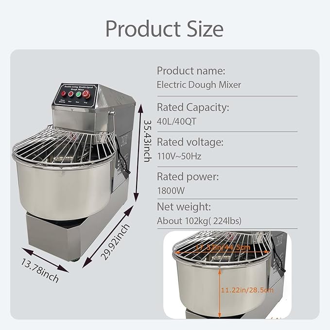 40QT Commercial Dough Mixer, 110V 1800W Electric Food Dough Kneading Flour Blender Machine, Stainless Steel Stand Mixing, W/Dual Action and Dual Speed, for Bakeries Pizzerias Bread Maker
