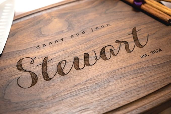 Personalized Cutting Board, Custom Wedding, Anniversary or Housewarming Gift Idea, Wood Engraved Charcuterie, for Couples and Clients, Modern Script Design 081