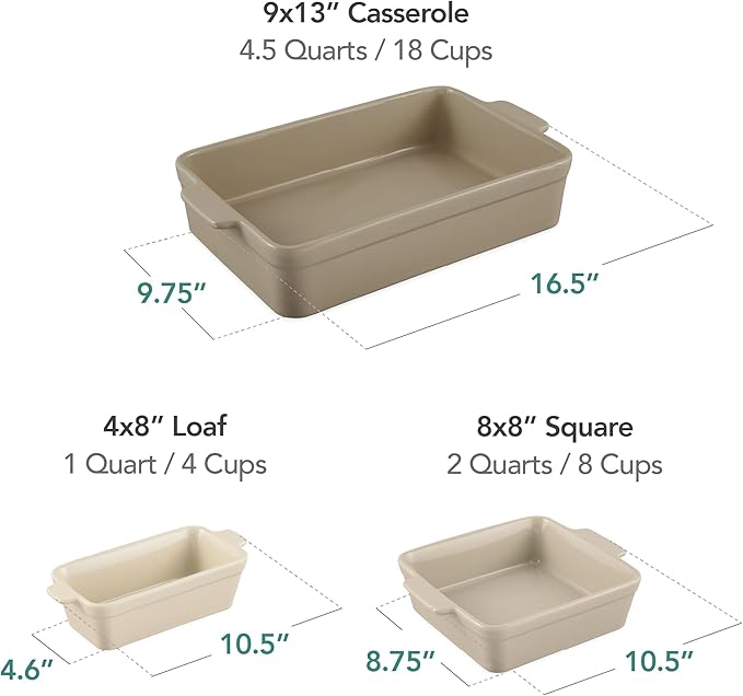 Best Choice Products 3-Piece Ceramic Bakeware Set, Stoneware Baking Dishes, Porcelain Casserole Bakeware Dishes, Serving Dishes - 9x12 Casserole, Loaf Pan, 8x8 Baking Dish - Mushroom Beige