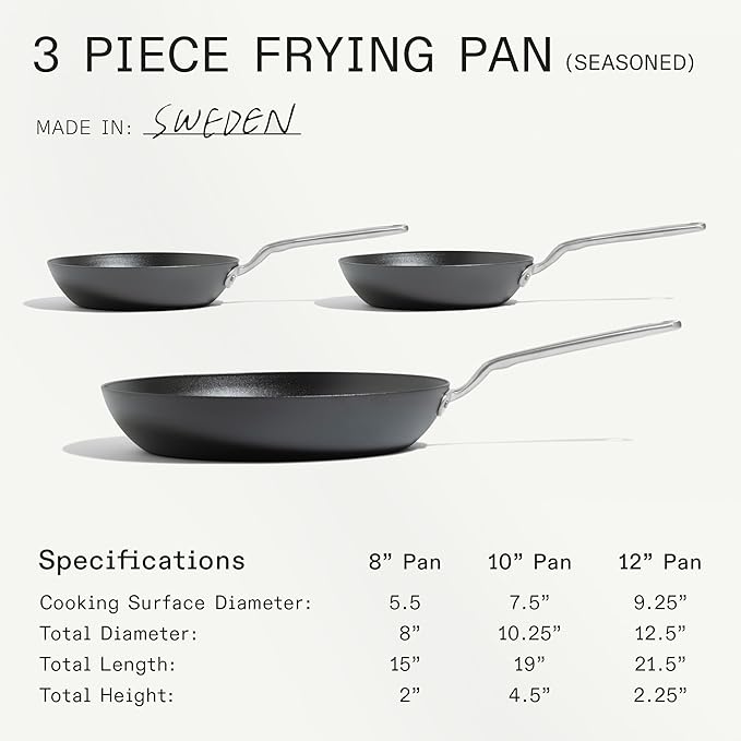Made In Cookware - 3 Piece (Includes 8",10",12") Seasoned Blue Carbon Steel Frying Pan - (Like Cast Iron, but Better) - Professional Cookware - Crafted in Sweden - Induction Compatible