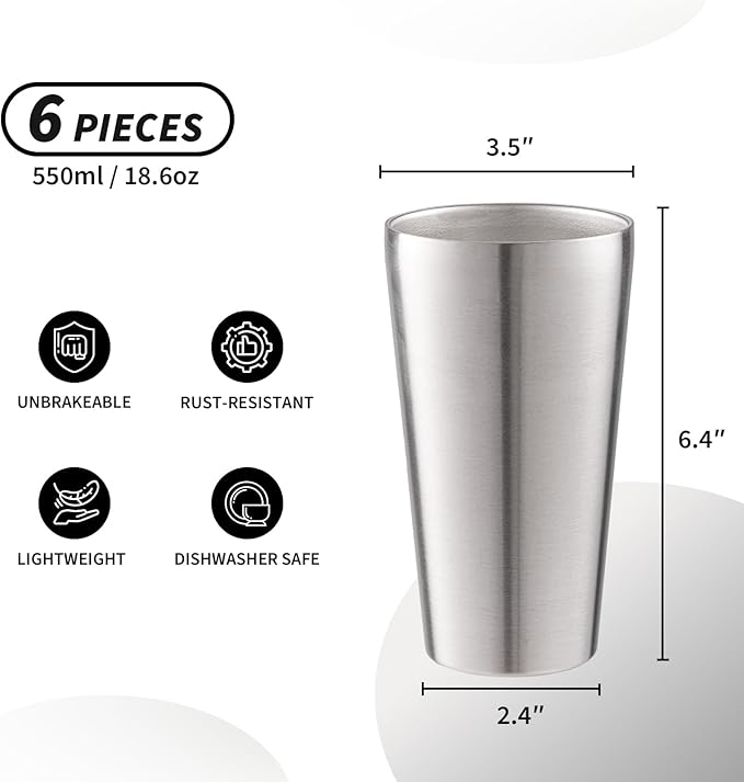6 Pack 18.6 oz Stainless Steel Insulated Cup, Double Wall Vacuum Metal Cup, Reusable Camping Cups Unbreakable Indoor Outdoor for Party, Home, Office, BBQ, Silver