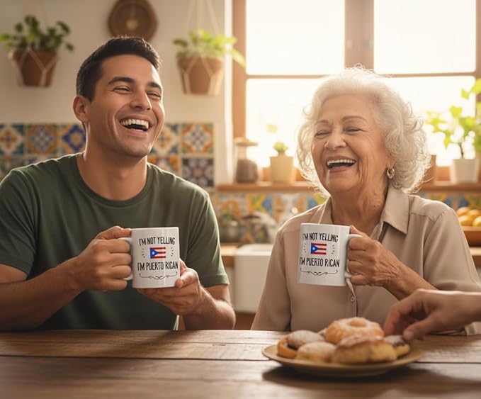 Casitika Funny Puerto Rico Souvenirs and Gifts. I'm Not Yelling I'm Puerto Rican Coffee Mug. Gift Idea for Boricua Men and Women Featuring the Country Flag. (11 oz White)