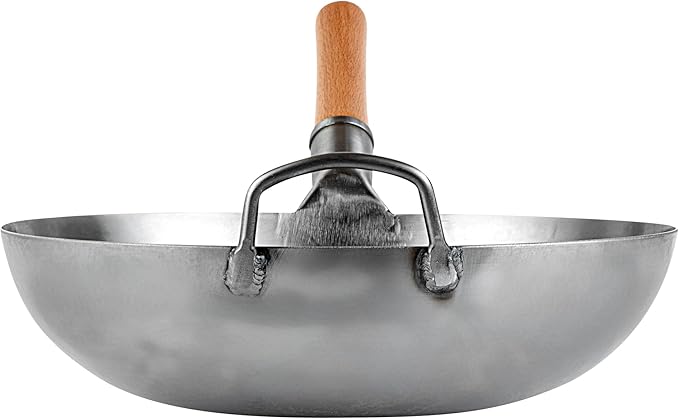 Motomori 14 Inch Hand-Hammered Carbon Steel Wok, 10 Traditional Japanese Wok - Flat Bottom, Wooden Handle, Black Carbon Steel Traditional Stir Fry Pan, With Helper Handle - Restaurantware