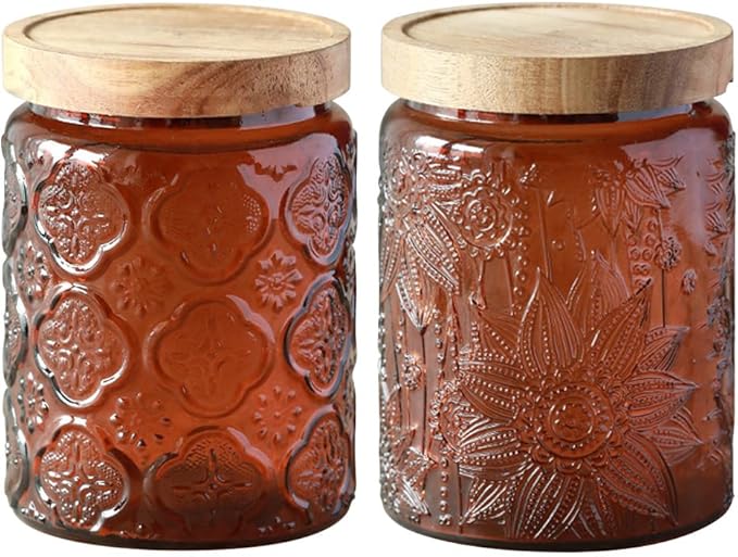 Vintage Glass Jar with Lid, Cookie Candy Jar Coffee Canister Food Storage Containers Set for Kitchen Office (Brown)