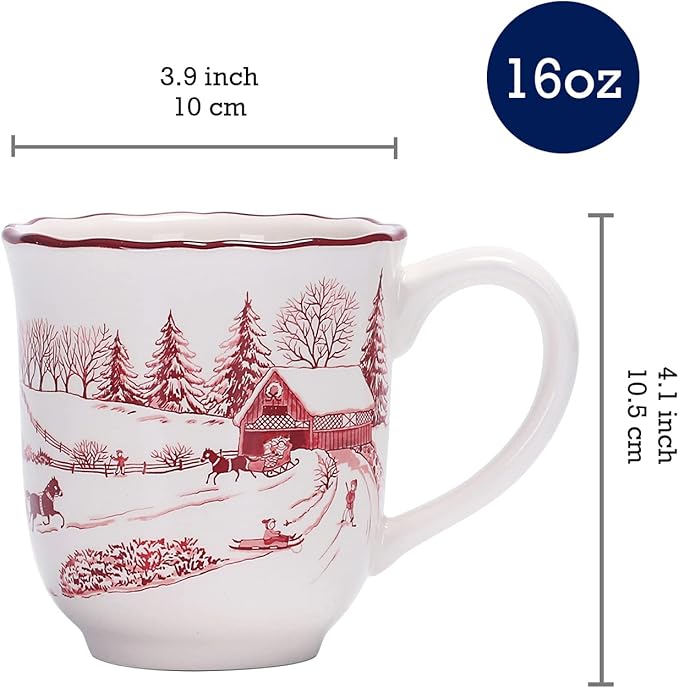 Bico Toile De Jouy Winter Wonderland Ceramic Mug Set of 4, Christmas Coffee Mugs, 16oz Holiday Cups for Tea, Cocoa, or Hot Drinks, Microwave & Dishwasher Safe