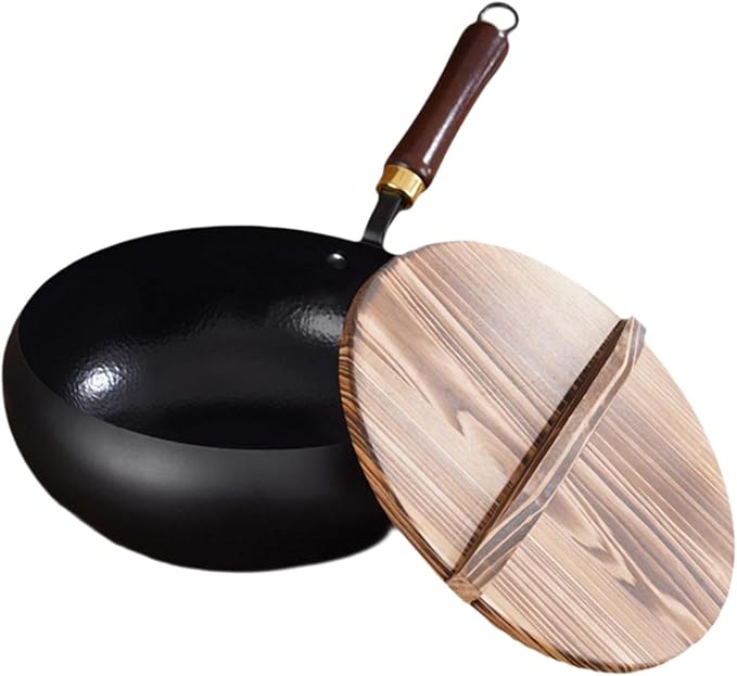 Iron Wok Nonstick Wok with Wooden Lid Soup Pot Skillet Frying Pan for Stir Frying and Stewing Open Flame Cooking Gas Stoves, 26cm