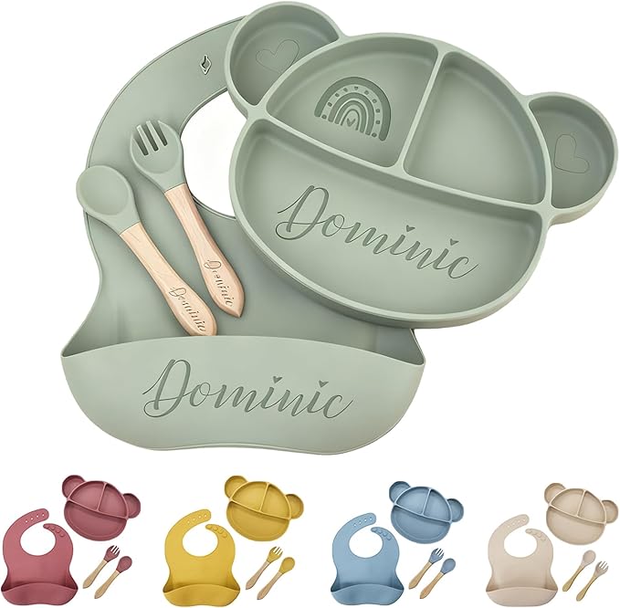 Silicone Feeding Set with Engraved Name for Baby-Led Weaning - Personalized Suction Plate, Bib, Utensils Eco-Friendly, BPA-Free Toddler Essentials - Newborn Shower Gift (4pc set)
