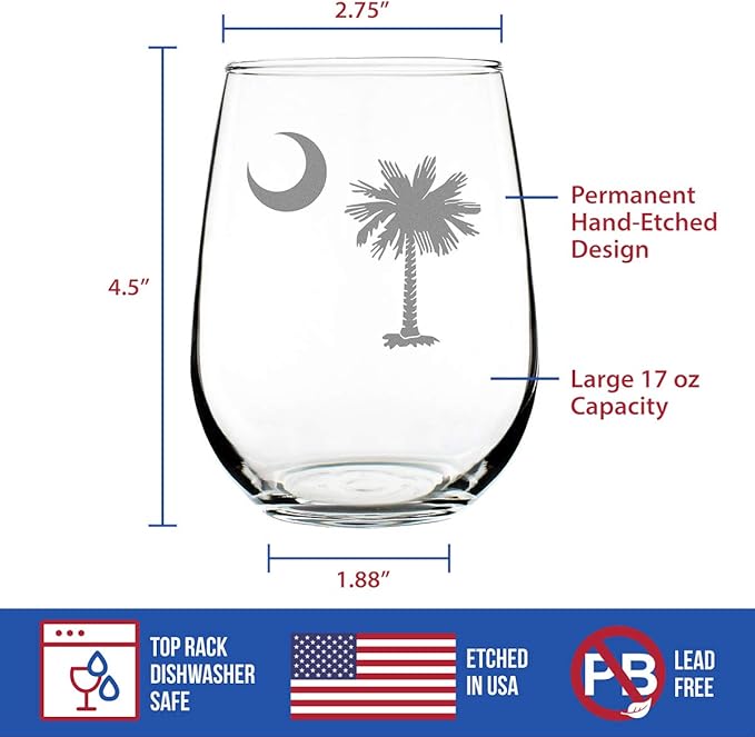 Bevvee South Carolina Flag - Stemless Wine Glass - State Themed Drinking Decor and Gifts for South Carolinians - Large 17 Ounce