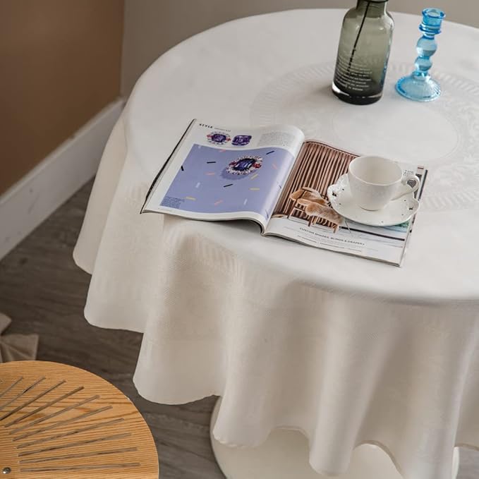 MANGATA CASA Round Tablecloth Faux Cotton Waterproof and Wrinkle Resistant Washable Jacquard Polyester Table Cloth for Kitchen Dining/Party/Indoor and Outdoor Use(White,60R inch)