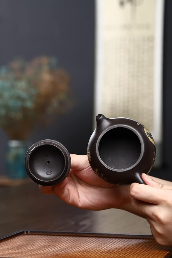 Xishi Teapot 7oz Chinese Yixing Zisha Clay Pot Ceramics Purple Sand Mud Kungfu Tea Set Kettle Spherical Filter (Black with golden tiger)