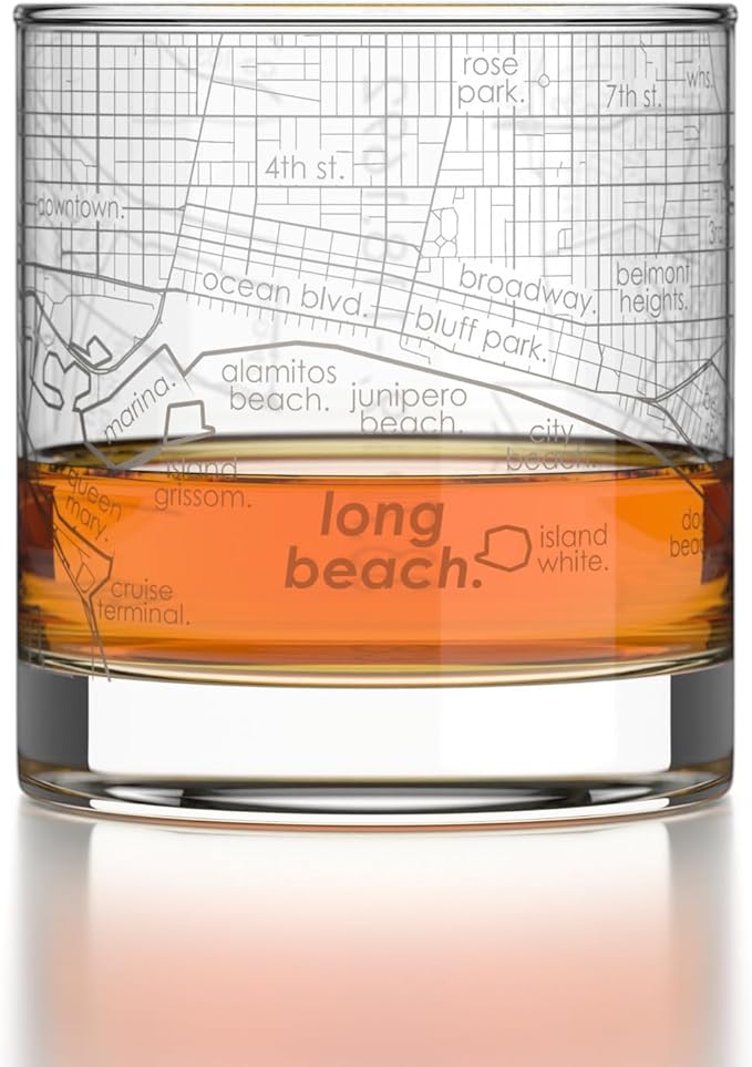 Well Told Engraved Long Beach California Map Rocks Glass, Old Fashioned Glassware (11 oz, Clear) Etched Bourbon Tumbler, Gifts For Whiskey Lovers