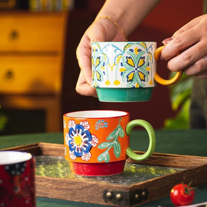 Floral Stackable Ceramic Coffee Mugs - Set of 4 with Stand, 12.5 oz Multi-Color Porcelain Cups for Latte, Cappuccino, Tea, Hot Cocoa - Dishwasher & Microwave Safe (Floral)