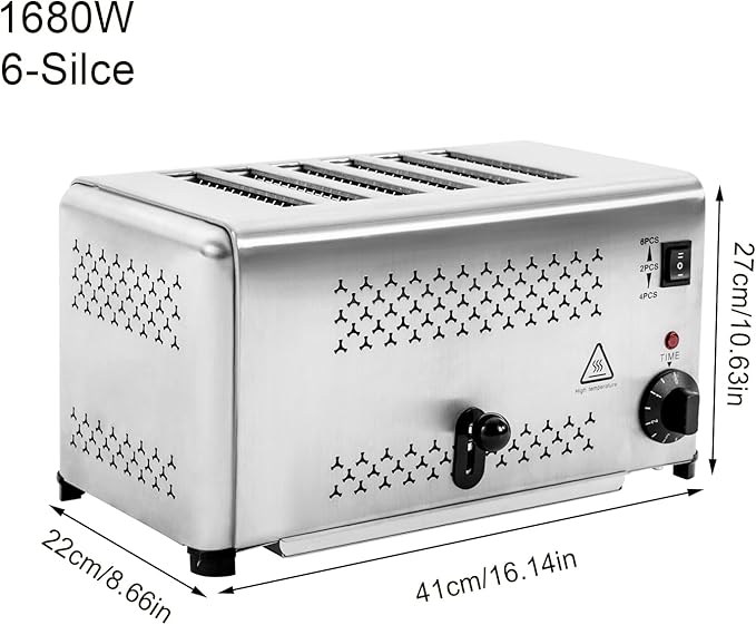 6 Slice Bread Baking Machine, 1650W 110VStainless Steel Commercial Toaster Machine with 3 Modes, 1-5min Timing Range for Homes, Bakeries, Restaurants, Hotels