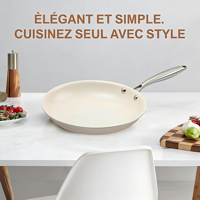 8.5 Inch Ceramic Nonstick Frying Pan with lid Skillet - PFAS-Free, Non-Toxic, Oven Safe & Induction Ready, Aluminum Cookware with Stainless Steel Handle