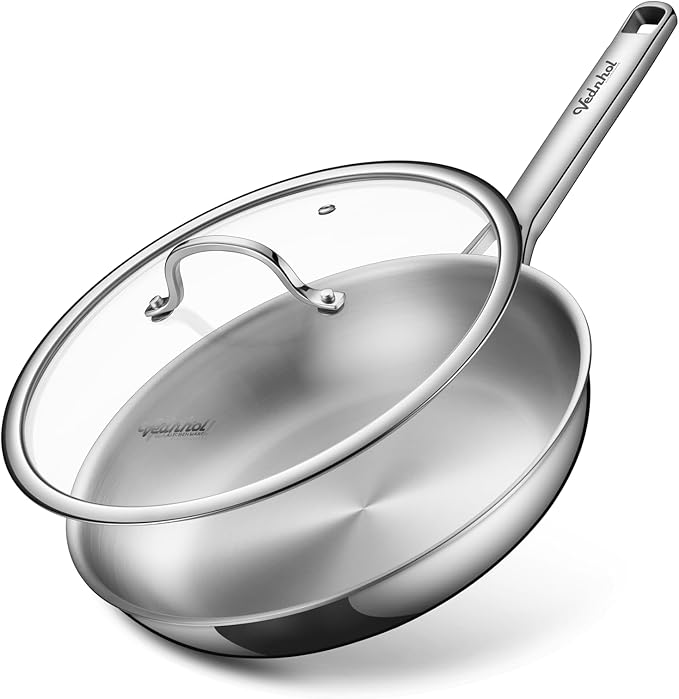 Stainless Steel Pan with Lid,12 Inch Stainless Steel Frying Pan,Tri-Ply Stainless Steel Skillet,Steel Pan for Cooking,PFOA&PTFE Free,Dishwasher and Oven Safe,Induction&All Stove Compatible