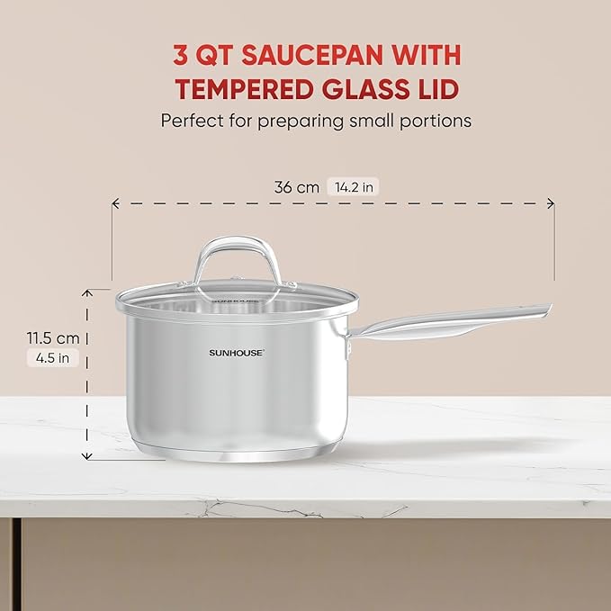 SUNHOUSE – 3 Quarts Stainless Steel Sauce Pan with Lid - PFOA-FREE, Stainless Steel Sauce Pan, Advanced Impact Bonding Induction Base, Stay-Cool Handle, Compatible with All Cooktops
