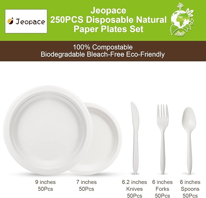 Jeopace Eco Paper Plates Set, 250PCS - 9 & 7 Inch Sugarcane Bagasse Biodegradable Plates, Cornstarch Cutlery for 50 People (White)