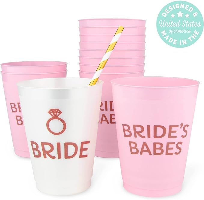 Stag & Hen Bride's Babes Bachelorette Party Cups - 12 Pack, 16 oz Cups | Custom Personalized Drinkware for Classy Pink Simple Theme Bridal Shower, Engagement Party | Bridesmaids Gifts, Favors, Decor