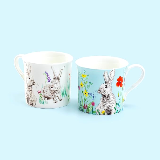 Spring Flower Bunny 4-Color Assorted Bone China 10oz Tea Coffee Mugs, Four Mugs, Easter Pink, Blue, Green, White