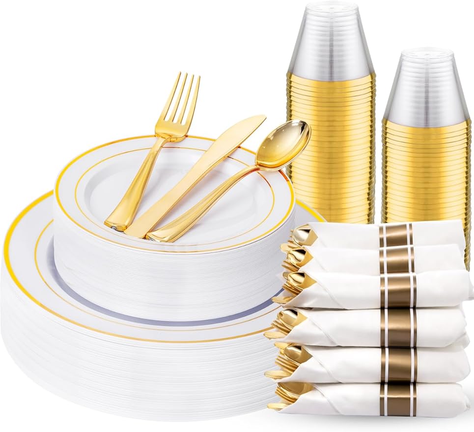 175PCS White and Gold Plastic Plates - Christmas Plates with Rolled Napkins for Party - 25Guest Disposable Dinnerware Sets for Party/Wedding/Valentine's Day