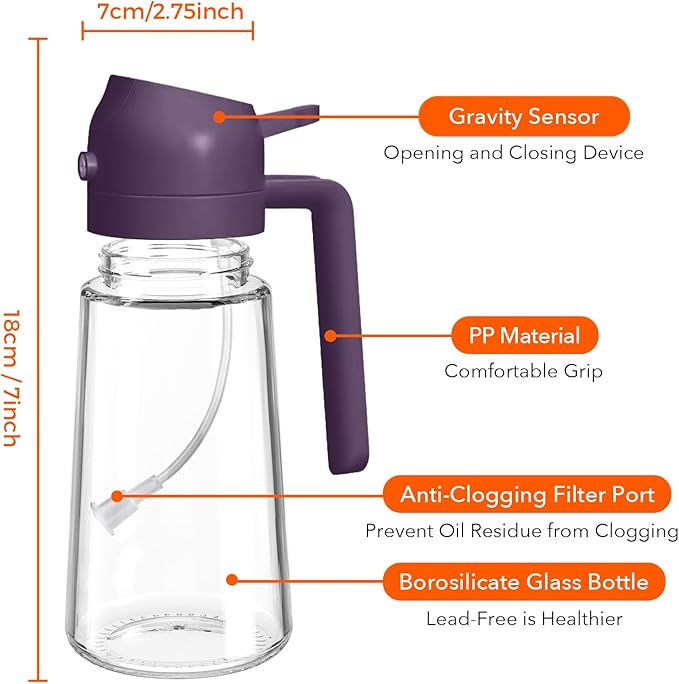 YARRAMATE 2Pcs 16oz/470ml Glass Olive Oil Sprayer for Cooking with Stickers, 2 in 1 Oil Dispenser for Kitchen Gadgets, Food Grade Premium Spray Bottle with Portion Control for Salad, BBQ(Black&Purple)