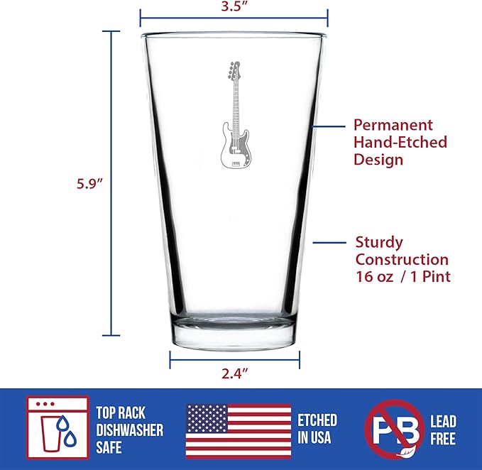 Custom Electric Bass Pint Glass for Beer - Music Gifts for Bass Players, Teachers and Musical Accessories for Musicians that Play Bass Guitar - 16 Oz Glasses