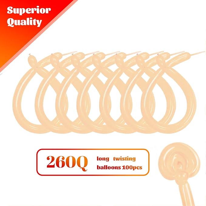 KAWKALSH 260 Nude Long Balloons for Balloon Garland Thickening Skinny Latex Twisting Animals Modeling Christmas Birthday Wedding Party Festival Decorations 100pcs