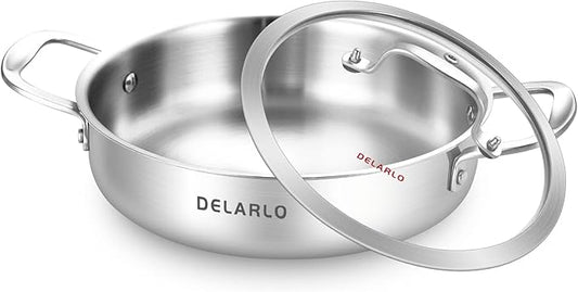 DELARLO Tri-Ply Stainless Steel 3QT Saute Pan With Lid, 12 Inch Deep Frying Pan, Induction Large Skillet, Cooker Pan, Dishwasher & Oven Safe