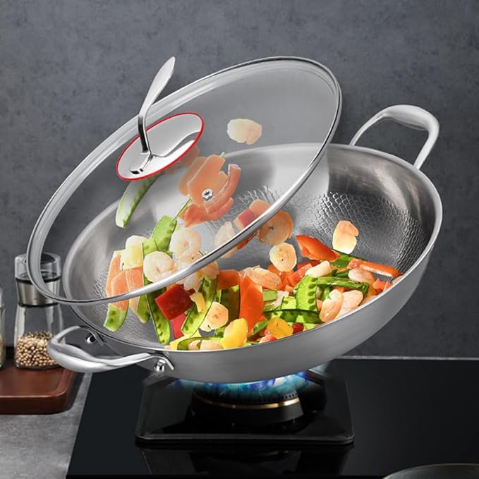 14 Inch Titanium Hammered Wok with Double Handles, Frying Pans Nonstick, Non-Stick Wok, Scratch-Resistant Non Stick Titanium Pans for Cooking,No lid