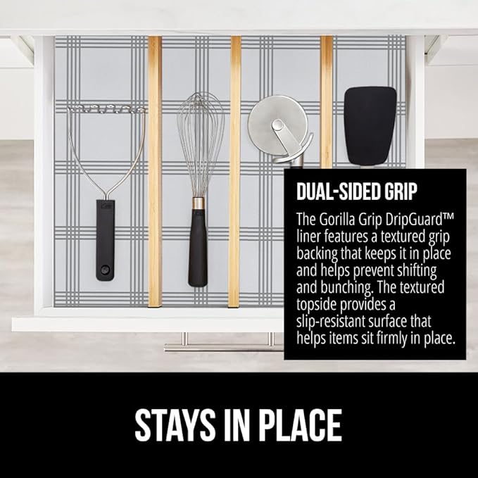GORILLA GRIP DripGuard Shelf Liner, Non Adhesive Drawer and Kitchen Cabinet Protector, Slip Resistant BPA Free Smooth Surface Plastic Liners for Cabinets, Bathrooms, Closets, 17.5x120 Inch Gray Stripe