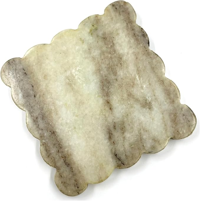 Set of 4 Luxury Natural Marble Scalloped Coasters Set – Handmade Stone Drink Wine Coasters for Serving, Coffee Table Decor, Housewarming Gift & Wedding Gift – Modern Home Decor