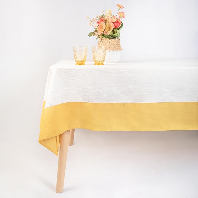 MONDAY MOOSE Farmhouse Rustic Picnic Style Decoration Rectangle Natural Stonewashed Cotton Tablecloth for Kitchen, Dining Room, Restaurant (60x102 inch, White/Mustard)