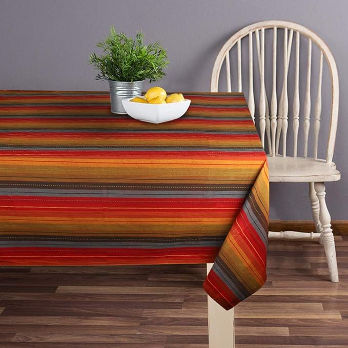 Urban Villa Tablecloth Cuisine Stripes Table Cloth Tabletop Cover Kitchen Dining Tablecloth 100% Cotton Great Parties Wedding Holiday Dinner Red Multi Rectangle 60X102 Inches 8-10 Seats Table Cloth