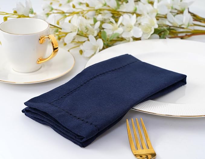 Blue Needles Set of 6 Hemstitch Linen Napkins 100% Cotton Navy Blue Cloth Dinner Napkins 18x18 inches, Soft, Reusable, Absorbent, Washable, Ideal for Wedding Events, Parties & Everyday Use