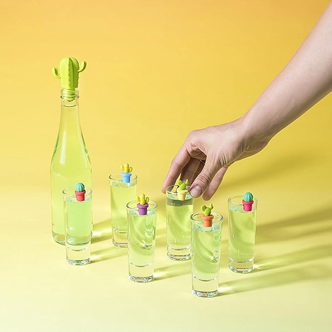 Cactus Shape Wine Glass Charms Set 14pcs Silicone Drink Charms for Glasses Non-Slip Wine Charms for Stem Glasses for Beach Gatherings & Summer Celebrations