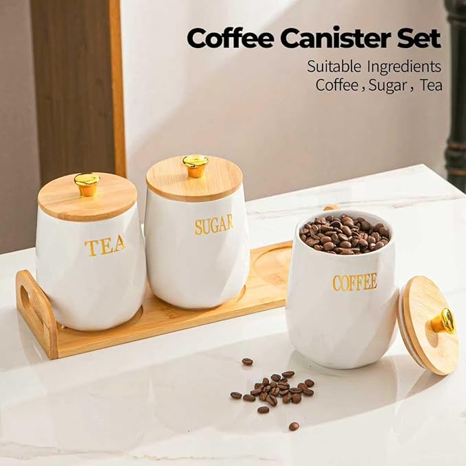 Ceramic Canister Set of 3 for Sugar Coffee Tea with Tray, White Airtight Food Storage Jars with Wood Lids, Kitchen Counter Storage Containers - 23oz