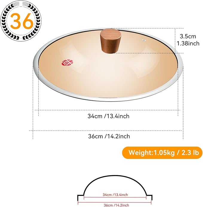 Glass Lid, Wok Lid with Wooden Cover Post Suitable for 14.2 Inch Wok
