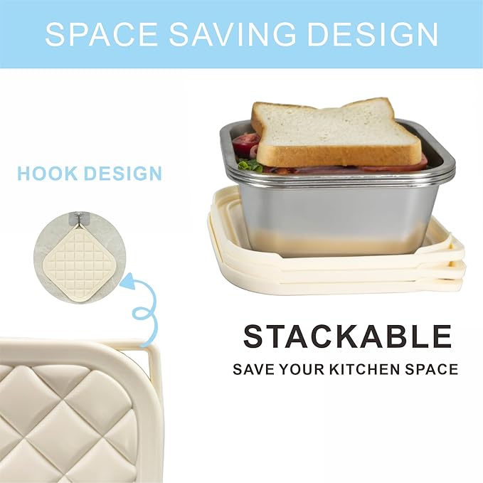 F.Y.Dreams 3 Pack 304 Stainless Steel Sandwich Containers With Silicone Lids/ 3 * 35 OZ/Plastic Free Lunch Box/Metal Bento Box/Snack Containers/Cream