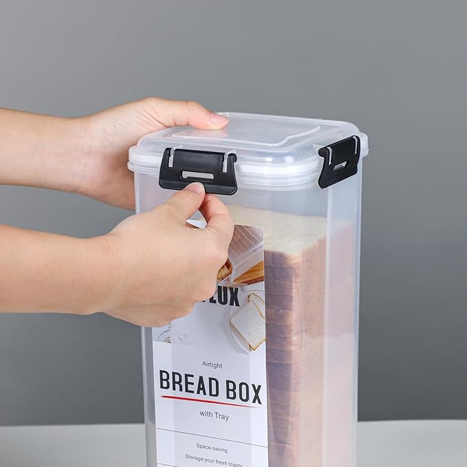 2 Pack Bread Storage Container with Tray, Plastic Bread Box with Airtight Lid, Bread Keeper for Homemade Bread, Toast, Bagel, Donut(black 2 pack)